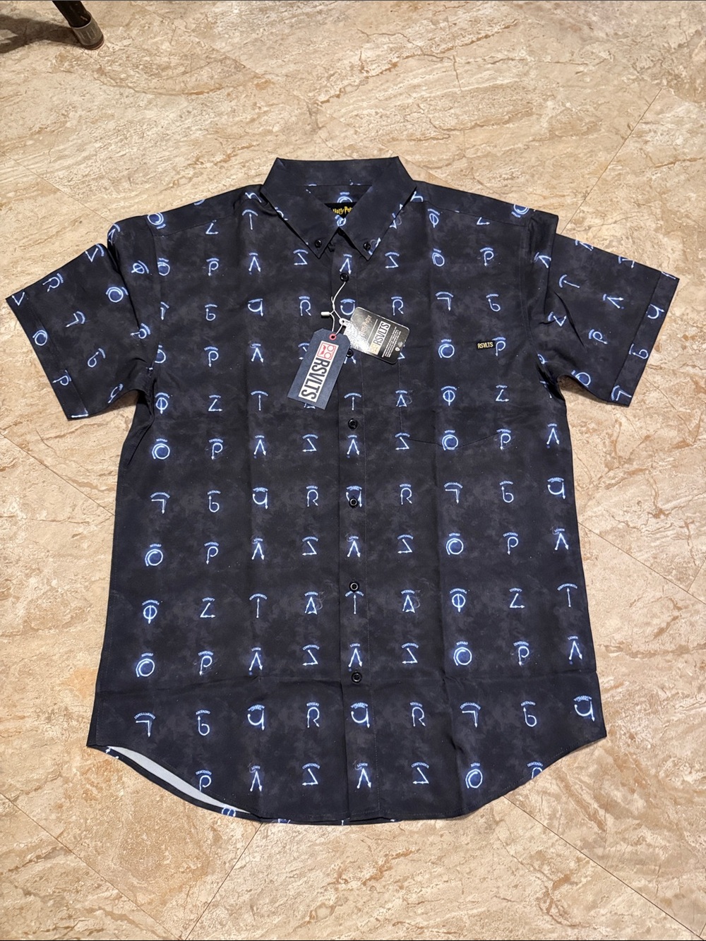 RSVLTS -Harry Potter-Men's Short-Sleeve Button-Up Shirt in Black with Blue Print